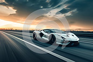 A white sports car speeds along a busy highway, engulfed in motion and capturing the excitement of a fast-paced journey, A modern