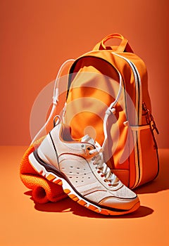 White sports shoes and a small briefcase on an orange background. AI Generated