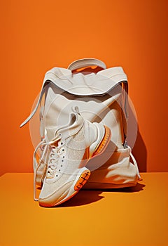 White sports shoes and a small briefcase on an orange background. AI Generated