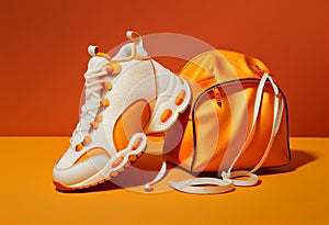 White sports shoes and a small briefcase on an orange background. AI Generated