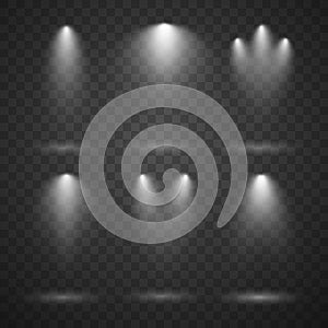 White spotlights set, bright lights, stage lighting isolated on transparent background.