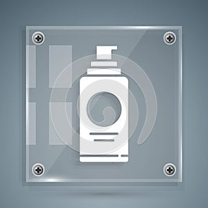 White Spray can for hairspray, deodorant, antiperspirant icon isolated on grey background. Square glass panels. Vector