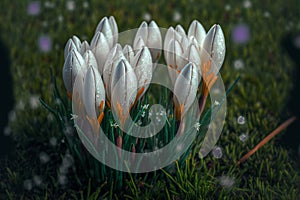 White sprouting crocus flowers covered in water droplets in spring. Generative ai illustration.