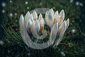 White sprouting crocus flowers covered in water droplets in spring. Generative ai illustration.