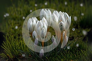 White sprouting crocus flowers covered in water droplets in spring. Generative ai illustration.