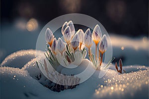 White sprouting crocus flowers growing from the snow in spring. Generative ai illustration.