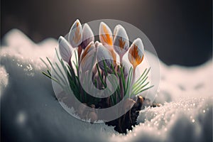 White sprouting crocus flowers growing from the snow in spring. Generative ai illustration.