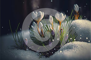 White sprouting crocus flowers growing from the snow in spring. Generative ai illustration.