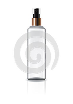 White square cosmetic bottle with spray head and copper ring for beauty or healthy product. Isolated on white background.