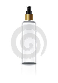 White square cosmetic bottle with spray head and gold ring for beauty or healthy product. Isolated on white background.