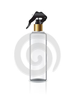 White square cosmetic bottle with spray head and gold ring for beauty or healthy product. Isolated on white background.