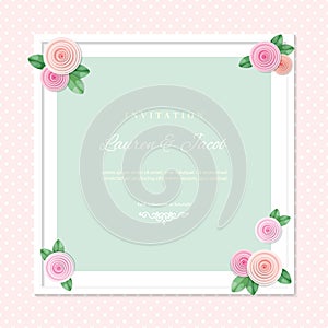 White square frame decorated with roses on polka dots background. Shabby shic design. Girly.