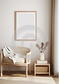 White square frame mockup in modern minimalist interior. Template for artwork, painting, photo or poster, generative ai