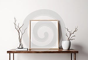 White square frame mockup in modern minimalist interior. Template for artwork, painting, photo or poster, generative ai