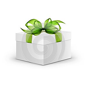 White Square Gift Box with Green Ribbon and Bow