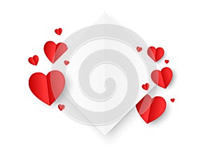 A white square paper cut style surround by red paper heart shape on white background