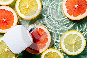 White square perfume bottle on green transparent rippled wave water surface, copy space, lemon grapefruit citrus slice