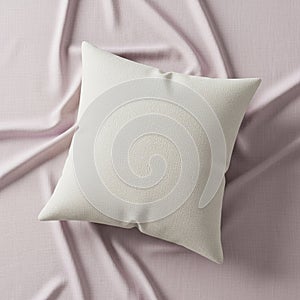 White square pillow is placed on a light pink textured fabric