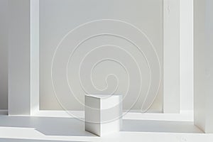 A white square is positioned in the center of a room, creating a minimalist geometric display, A minimalist geometric design photo