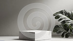 White square stand podium mockup placed next to a green plant on a table against a blank wall