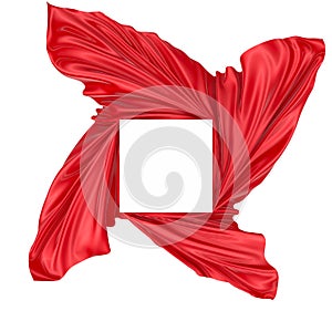 White square surface surrounded by red wavy fabric, silk or satin. 3d rendering image