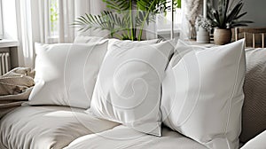 white square throw pillows adorning a couch in a modern living room, illuminated by soft lighting that accentuates their