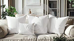 white square throw pillows adorning a couch in a modern living room, illuminated by soft lighting that accentuates their