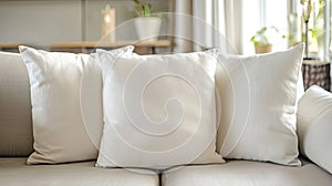 white square throw pillows adorning a couch in a modern living room, illuminated by soft lighting that accentuates their