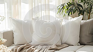 white square throw pillows adorning a couch in a modern living room, illuminated by soft lighting that accentuates their