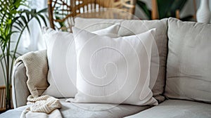 white square throw pillows adorning a couch in a modern living room, illuminated by soft lighting that accentuates their