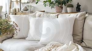 white square throw pillows adorning a couch in a modern living room, illuminated by soft lighting that accentuates their