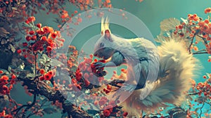A white squirrel sitting on a branch of red flowers, AI