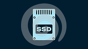 White SSD card icon isolated on blue background. Solid state drive sign. Storage disk symbol. 4K Video motion graphic