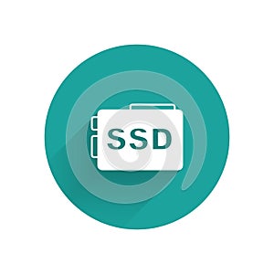 White SSD card icon isolated with long shadow background. Solid state drive sign. Storage disk symbol. Green circle