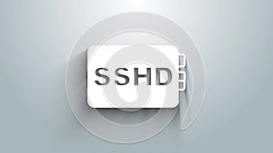 White SSHD card icon isolated on grey background. Solid state drive sign. Storage disk symbol. 4K Video motion graphic