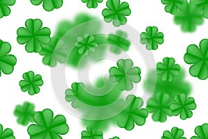 White St. Patrick day seamless background with clover four-leaf green blured leaves. Vector simple design