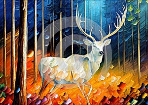 White Stag, dear colorful oil knife painting