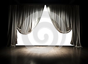 white stage curtains. wood floor. abandoned. transparent PNG file.