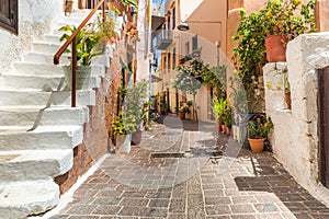 white stairs and charming streets of the old town of Chani on the island of Crete