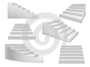 White stairs. Staircase, 3d stairway, interior staircases isolated. Steps ladder architecture element vector collection