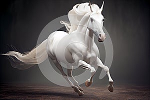 White stallion in action galloping on ground with dark background