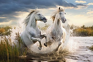 White stallion horses fighting, AI generated