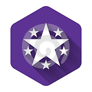 White Star icon isolated with long shadow. Favorite, Best Rating, Award symbol. Purple hexagon button