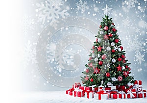 Decorated Christmas tree with red and silver ornaments,