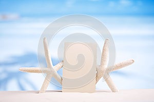 White starfish with blank retro photo on white sand beach, sky a