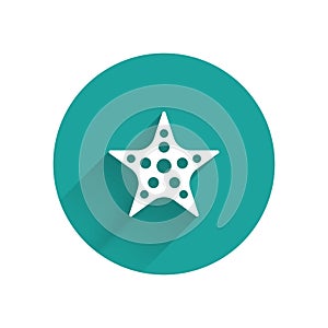 White Starfish icon isolated with long shadow. Green circle button. Vector