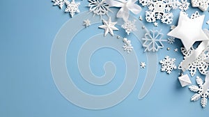 White stars and snowflakes on a blue background. Top view.Christmas bright background, banner with space for your own content