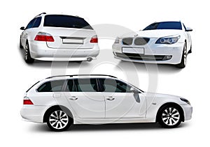 White Station wagon, Estate or Touring BMW 5 Series Collection set isolated on white background