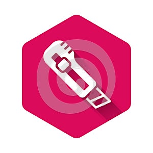 White Stationery knife icon isolated with long shadow. Office paper cutter. Pink hexagon button. Vector
