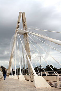 A white steel cable-stayed bridge that is called as `Generalitat Bridge`in Elche city, Spain